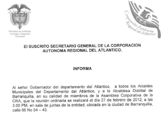 AVISO DE CONVOCATORIA DE ASAMBLEA GENERAL DE LA C.R.A.