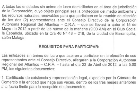 PROCESO DE ELECCIÓN DE LOS REPRESENTANTE DE LAS ENTIDADES SIN ÁNIMO DE LUCRO ANTE EL CONSEJO DIRECTIVO DE LA C.R.A.