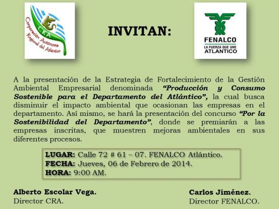 MAÑANA FEBRERO 6, LA CRA Y FENALCO PRESENTAN ESTRATEGIA DE PRODUCCIÓN Y CONSUMO SOSTENIBLE PARA EL ATLÁNTICO.