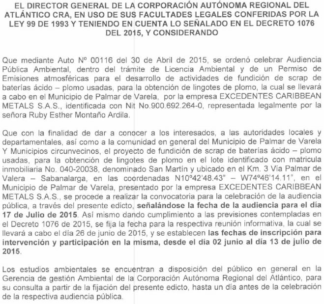 CONVOCATORIA AUDIENCIA PÚBLICA AMBIENTAL