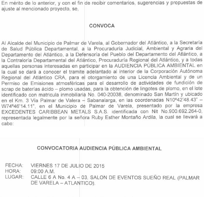 CONVOCATORIA AUDIENCIA PÚBLICA AMBIENTAL
